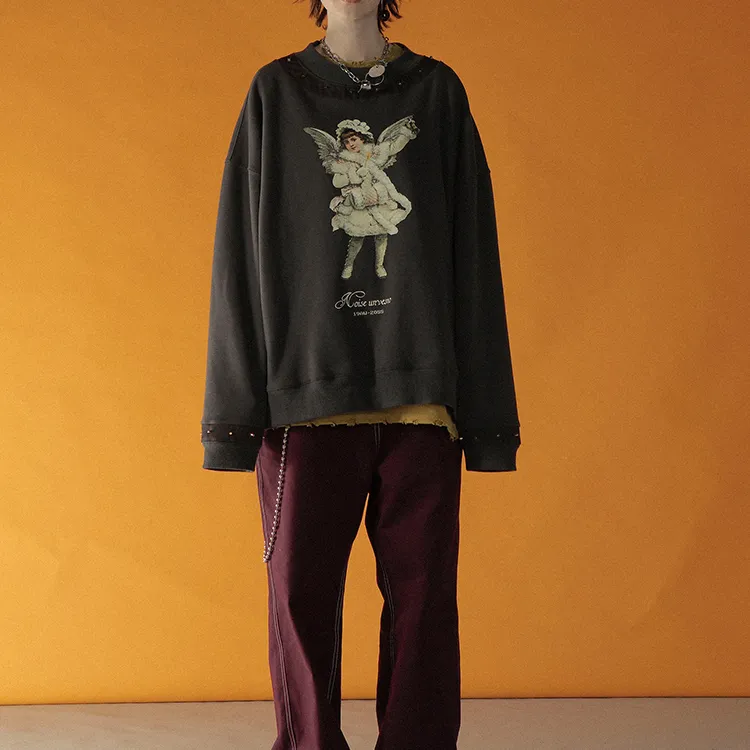 UNVESNO Crew Neck Loose Fit Regular Sweatshirt Unisex Dark Gray-3