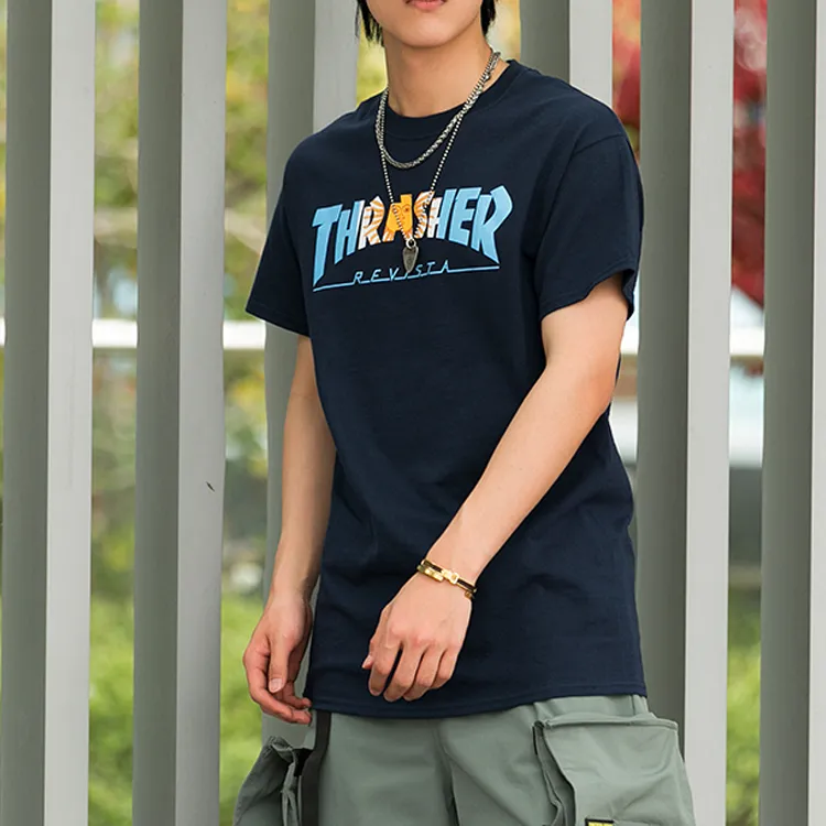 Thrasher Crew Neck Loose Fit Straight Short Sleeved T Shirt US Version Unisex Blue-2