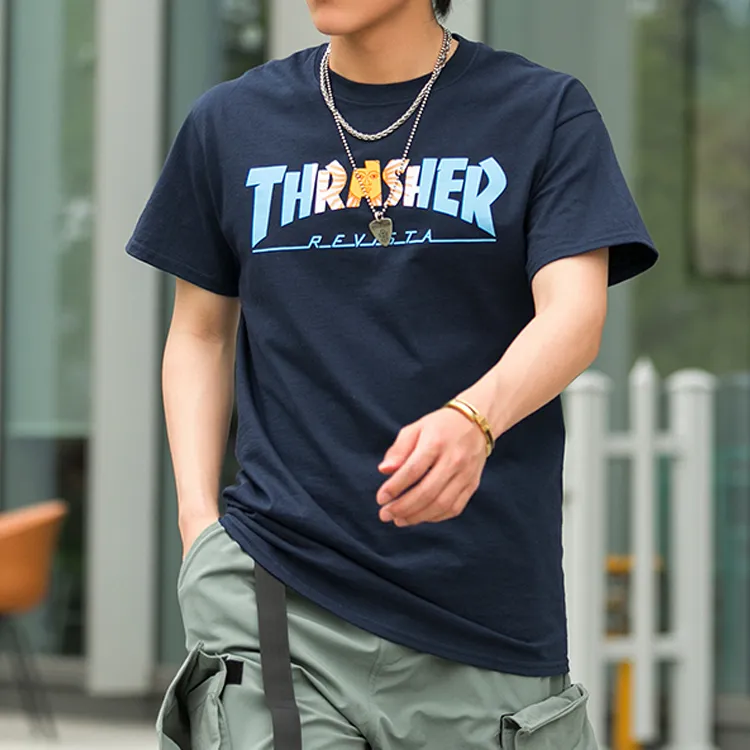 Thrasher Crew Neck Loose Fit Straight Short Sleeved T Shirt US Version Unisex Blue-3