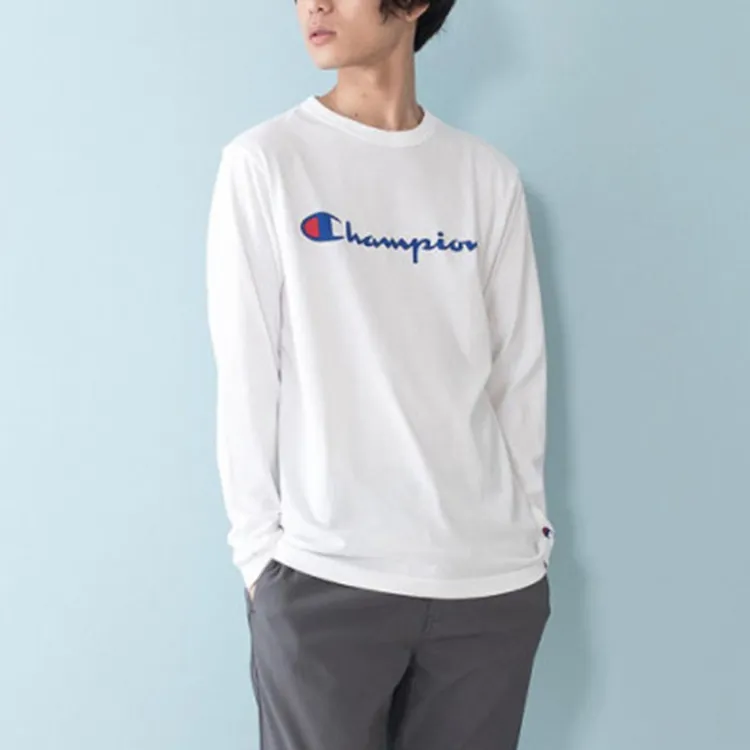 Champion Straight Long Sleeved T Shirt Japan Version Unisex White-1
