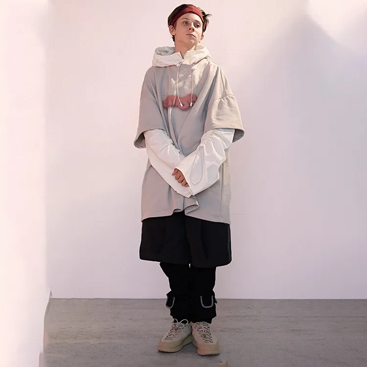 Umamiism Hooded Loose Fit Mock Two Piece Sweatshirt Fall Winter Unisex White-1