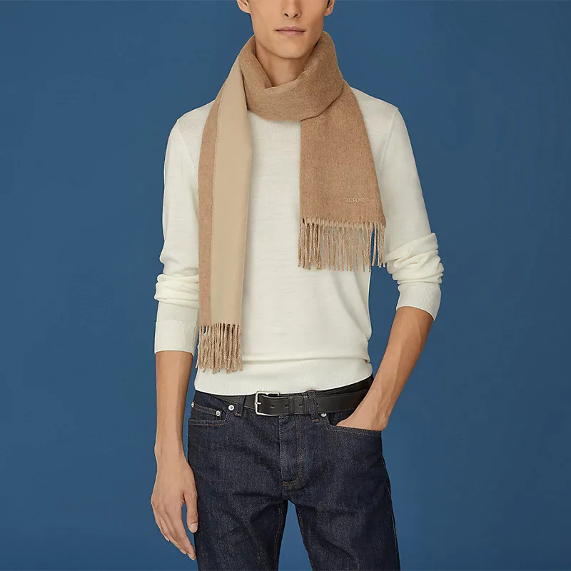HERMES Cashmere Knit Scarves Unisex Camel-1