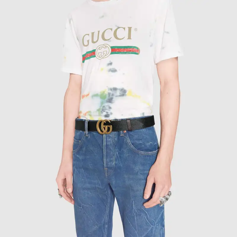 GUCCI Smooth Buckle, Gold Double G Double Sided Leather Belts Women's Black 3.7CM-2
