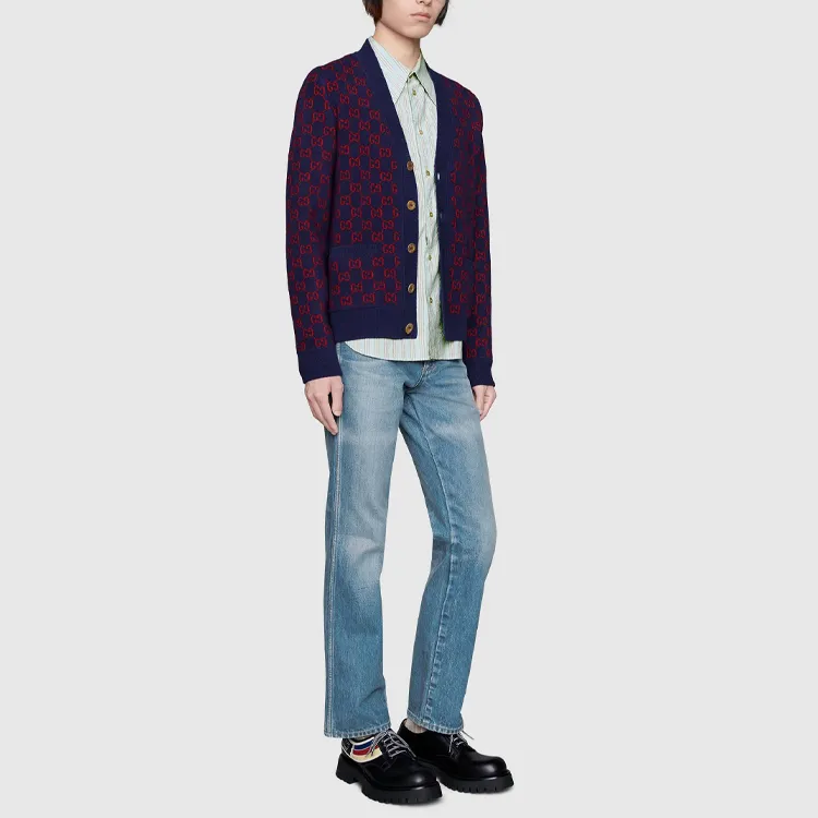 GUCCI Cashmere Sweater Men's Dark Blue Red-2