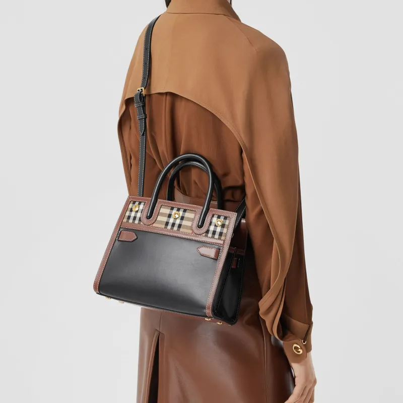 Burberry Leather And Vintage Check Two handle Title Bag Mini Black/Multi-5
