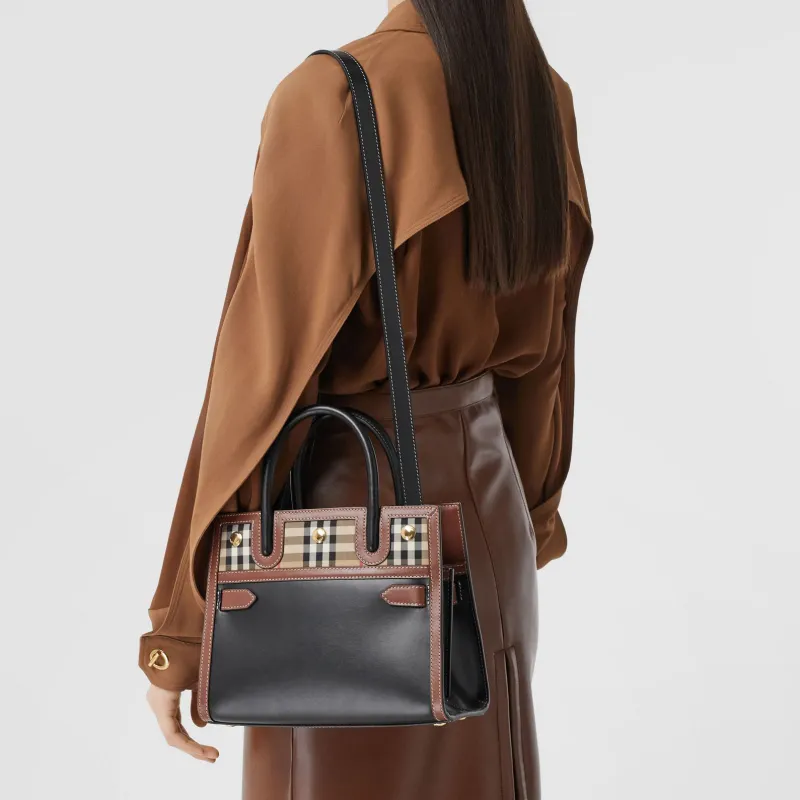 Burberry Leather And Vintage Check Two handle Title Bag Mini Black/Multi-6