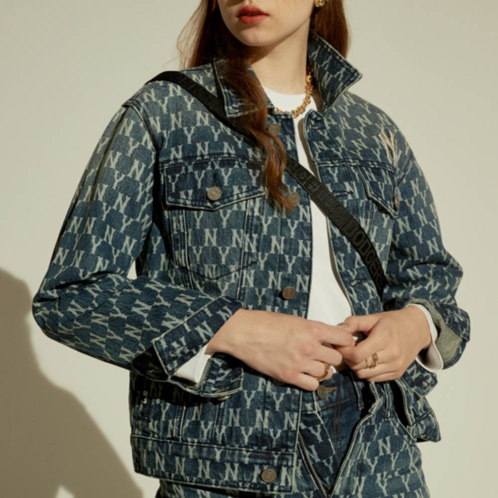 MLB Old Flower Denim Jackets Unisex Denim Blue - POIZON