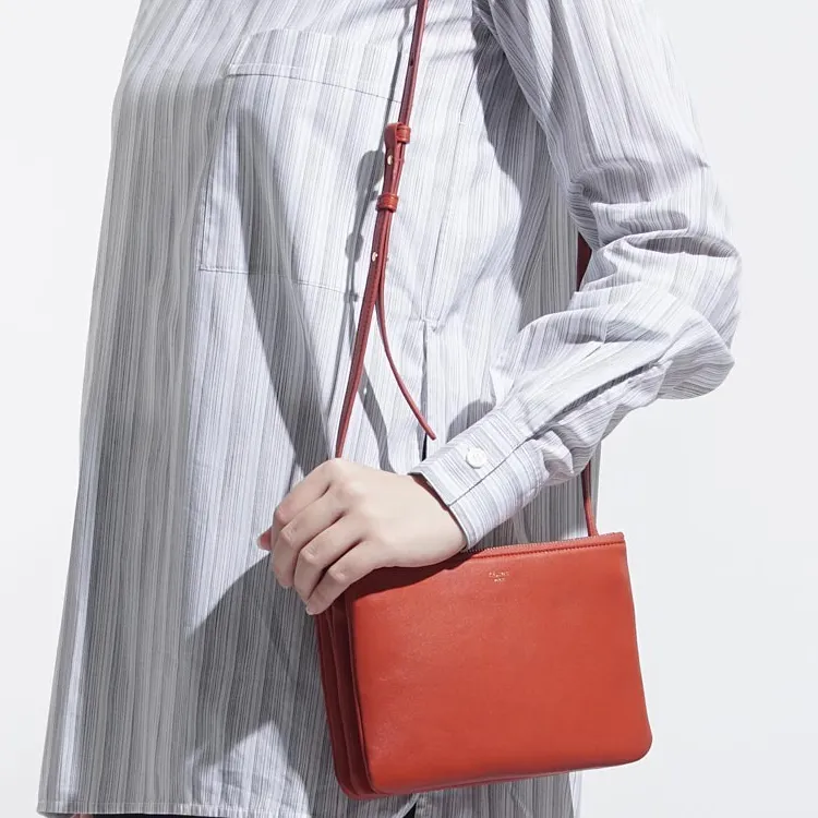 CELINE Trio Leather Shoulder Bag Women's Red-3