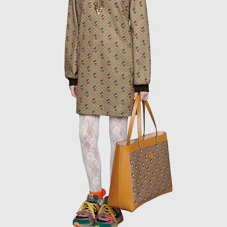 GUCCI Disney Collaboration Canvas Leather Tote Bag Shopping Bag Shoulder Bag Handbag Medium Size Unisex Ebony/Brown-9