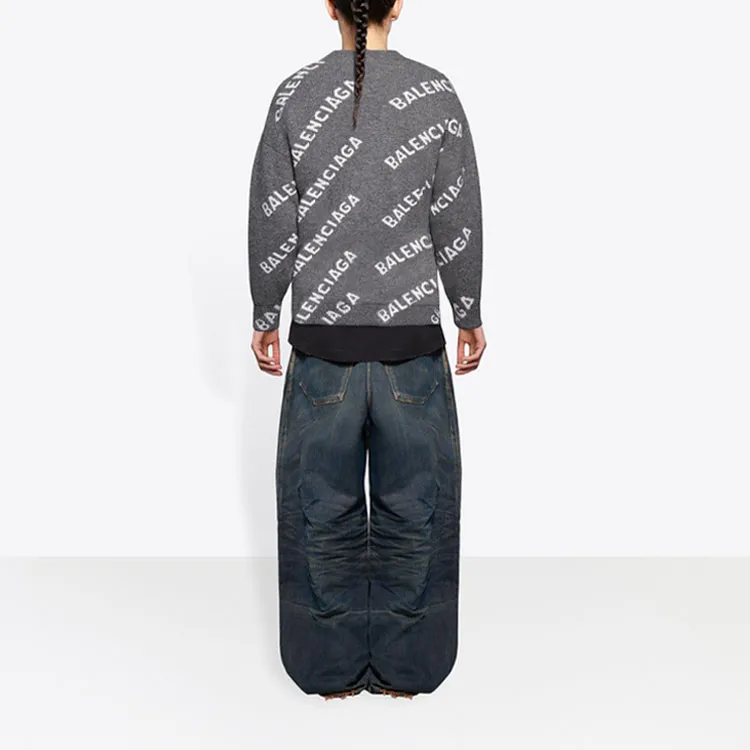 Balenciaga All Over Logo Wool Crewneck 'Dark Grey/White'-3