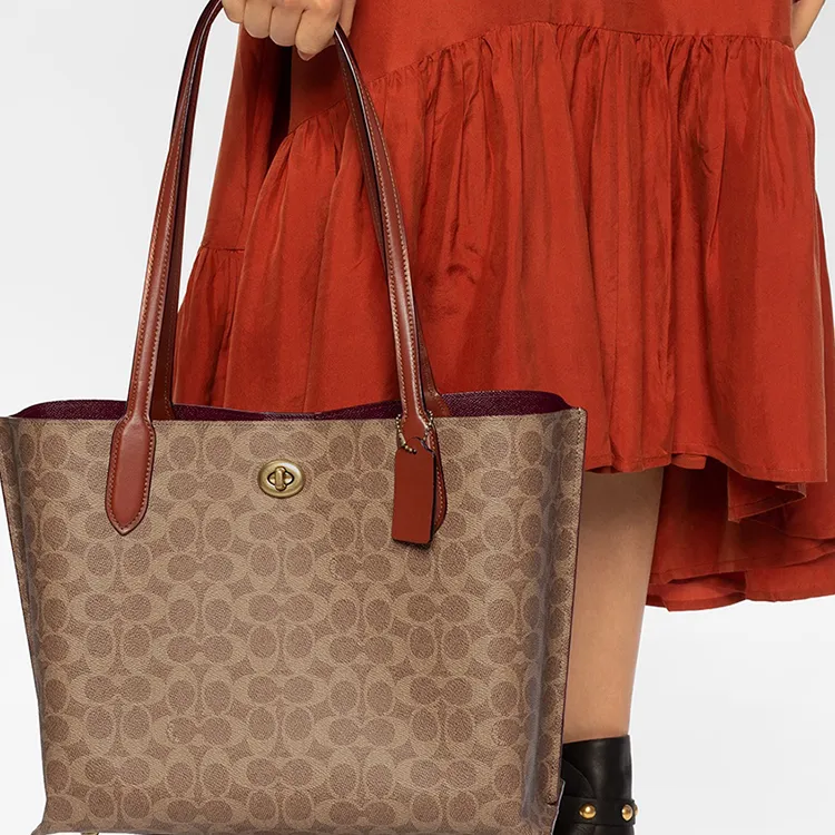 COACH Willow Canvas With Calfskin Tote Bag, Shopping Bag, Handbag, Shoulder Bag Women's Brown-3