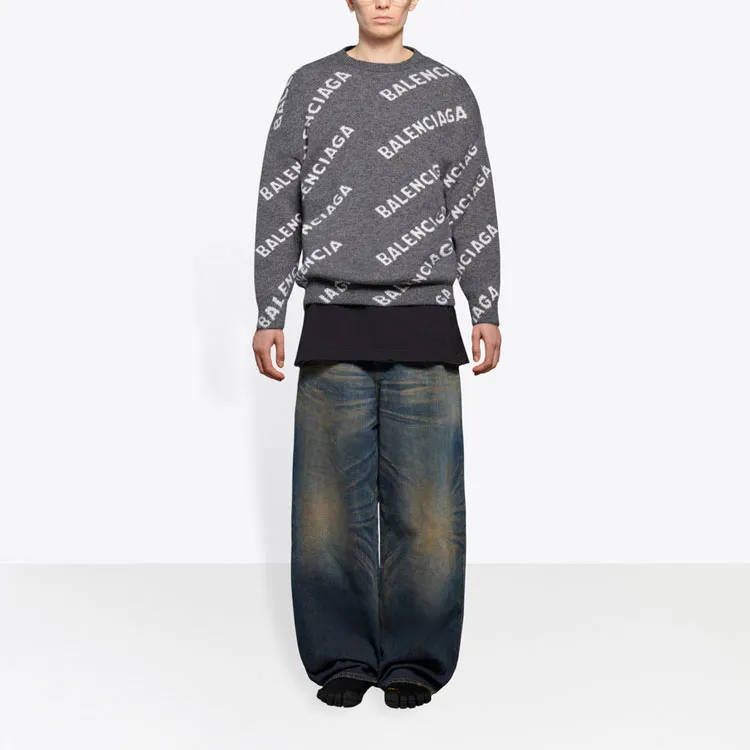 Balenciaga All Over Logo Wool Crewneck 'Dark Grey/White'-2
