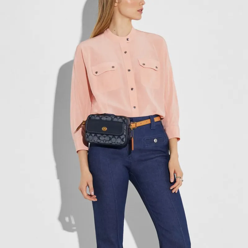 COACH Canvas With Leather Camera Bag, Small Square Bag, Crossbody Bag, Waist Bag, Shoulder Bag Women's Marine Blue-3