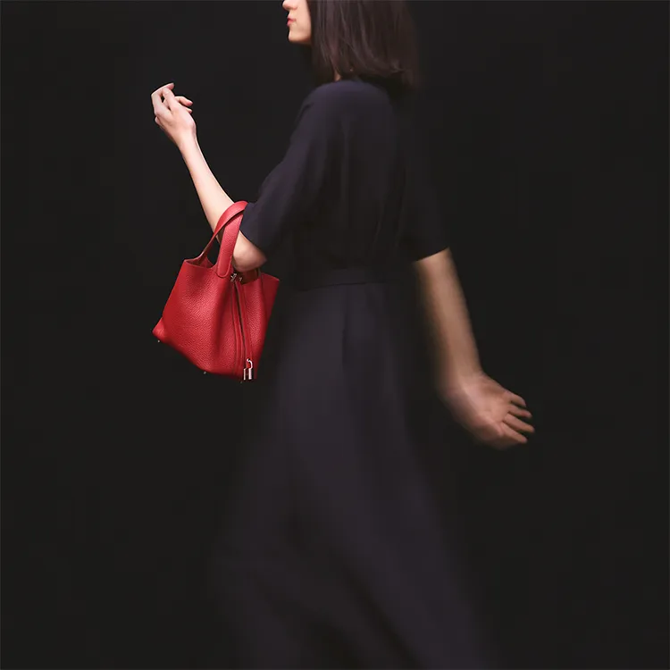 HERMES Picotin Clemence Bullock Leather Basket Bag Handbag Bucket Bag Women's S5 Rouge Tomate Tomato Red-4