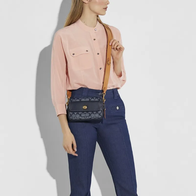 COACH Canvas With Leather Camera Bag, Small Square Bag, Crossbody Bag, Waist Bag, Shoulder Bag Women's Marine Blue-4