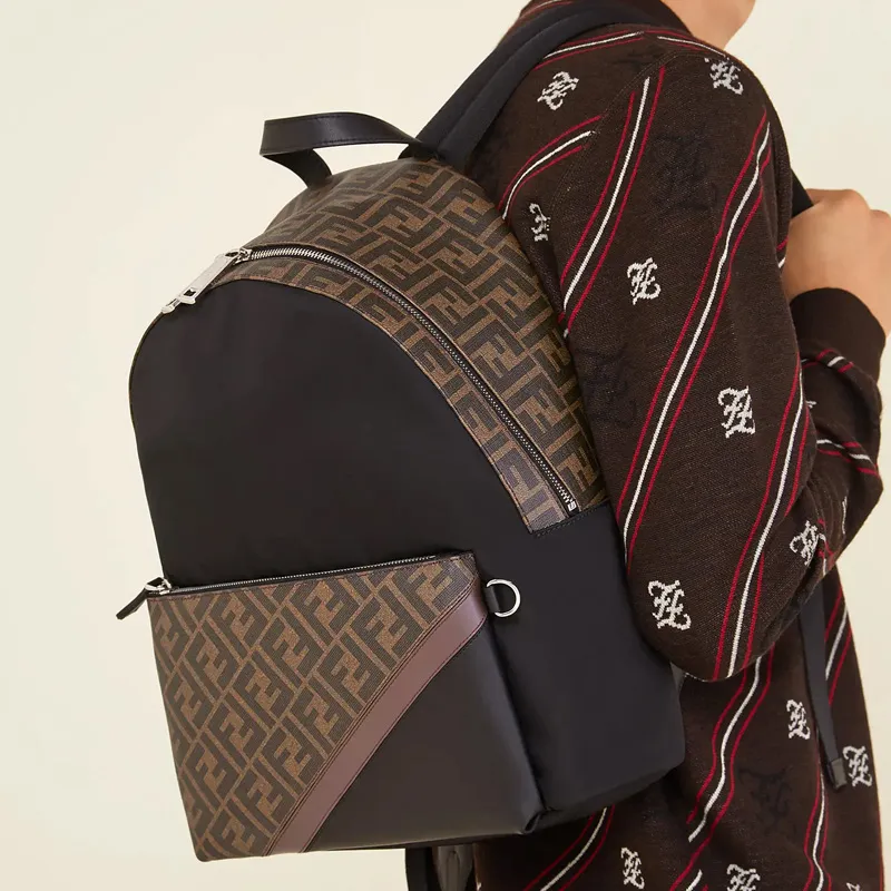 FENDI Coated Canvas Patchwork Nylon Backpack Men's Black Brown & Multicolor-5