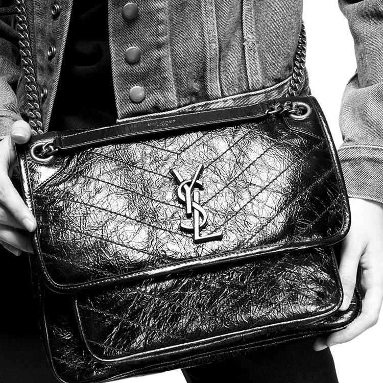 SAINT LAURENT Niki Leather Hobo Bag Chain Bag Crossbody Bag Shoulder Bag Women's Navy Blue-5