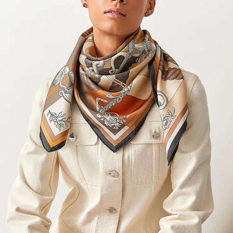 HERMES Della Cavalleria Silk Scarves Women's Caramel-3