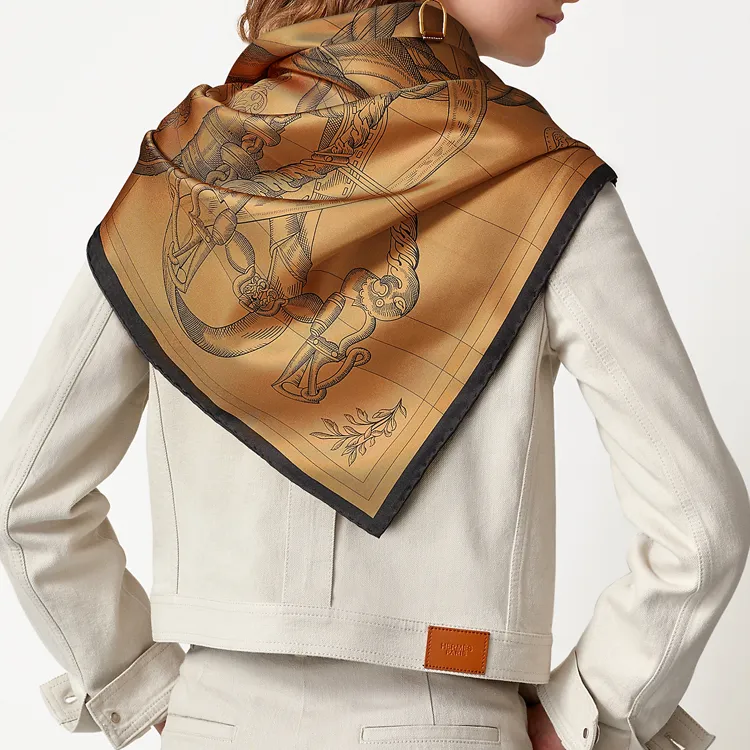HERMES Della Cavalleria Silk Scarves Women's Caramel-4