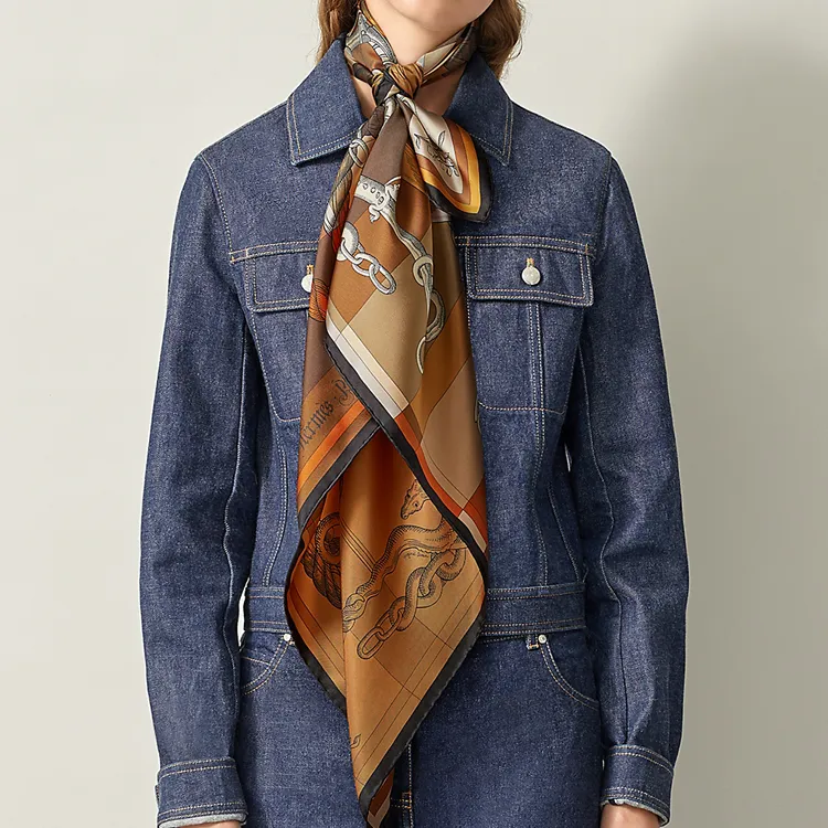 HERMES Della Cavalleria Silk Scarves Women's Caramel-2