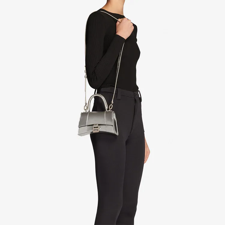 Balenciaga Hourglass Calfskin Handbag Women's Silver-5