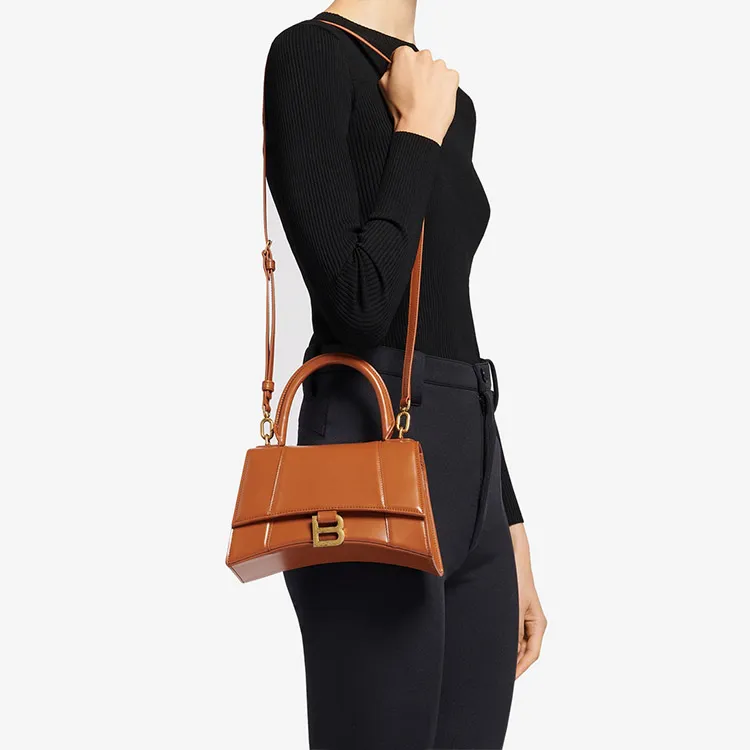 Balenciaga Hourglass Cow Leather Shoulder Bag Women's Camel-4