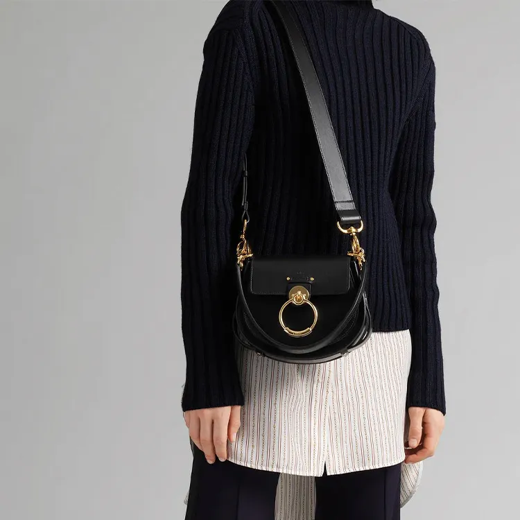 Chloe Tess Smooth Finish Calfskin Patchwork Suede Handbag Shoulder Bags Women's Black-5