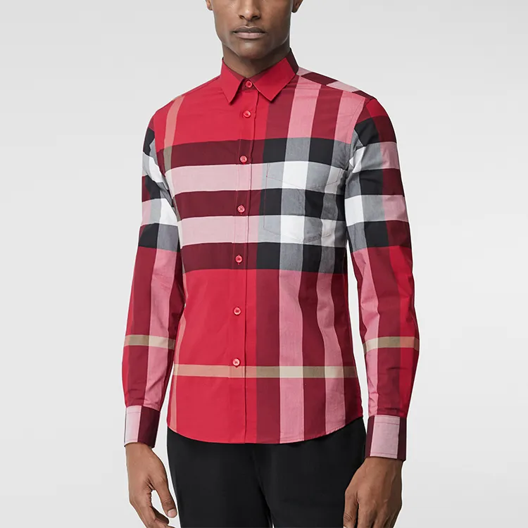 Burberry Men Check Stretch Cotton Poplin Shirt Parade Red-1