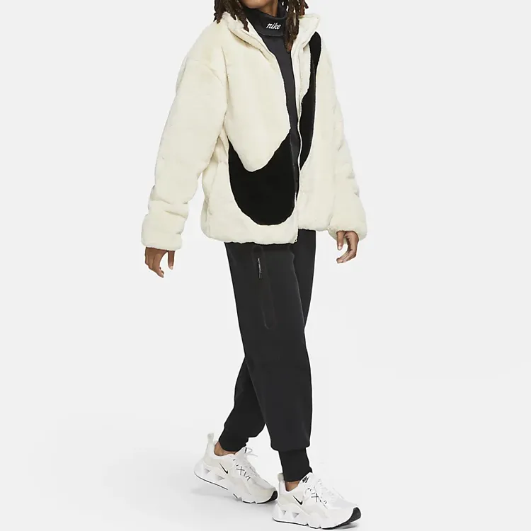 Nike Sportswear Women's Oversized Swoosh Logo Faux Fur Jacket Fossil/Black-3