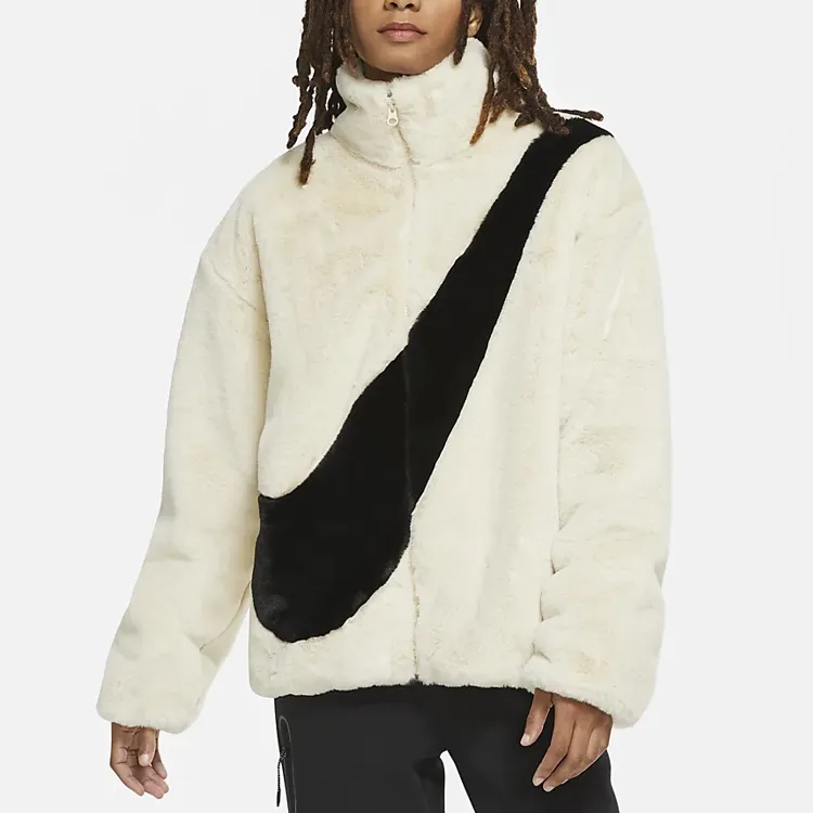 Nike Sportswear Women's Oversized Swoosh Logo Faux Fur Jacket Fossil/Black-4