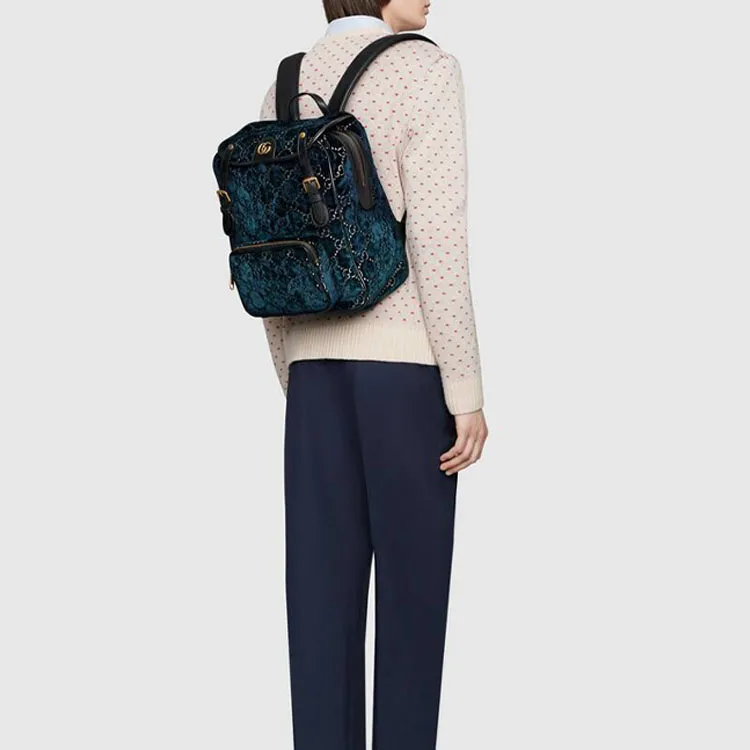 GUCCI Velvet With Leather Backpack Small Size Unisex Dark Blue-6