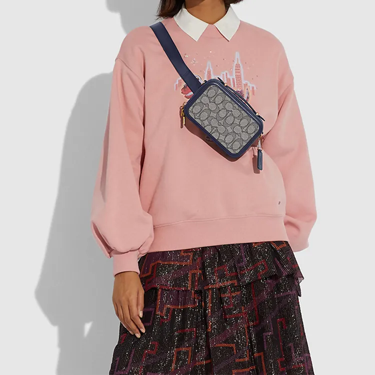 COACH Alie Canvas With Leather Box Bag Camera Bag Portable One Shoulder Crossbody Fanny Pack Mini Women's Blue Monogram-3