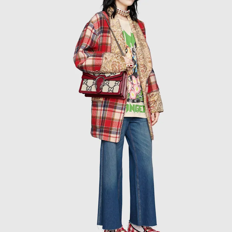 GUCCI Tweed With Leather Crossbody Bag, Shoulder Bag Women's-6