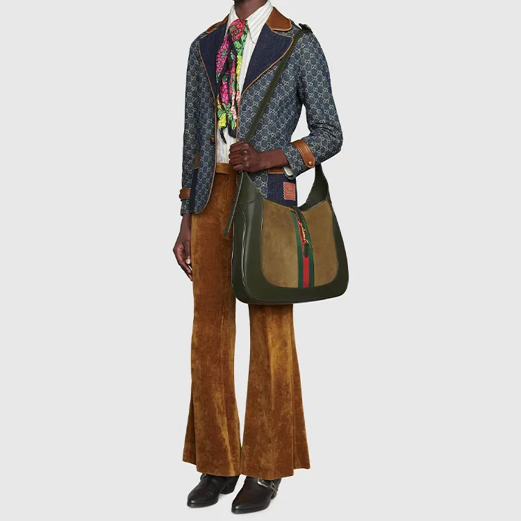 GUCCI Jackie 1961 Vachetta Leather Trim Crescent Shoulder Bag Shoulder Bag Women's Brown Green & Multicolor-10