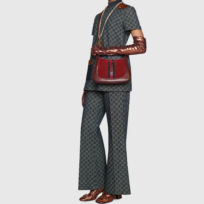 GUCCI Jackie 1961 Suede With Leather Crescent Shoulder Bag Shoulder Bag Women's Deep Red-9