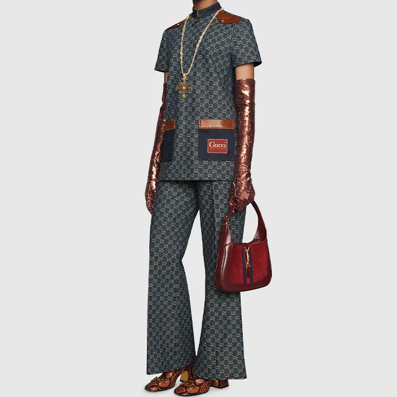 GUCCI Jackie 1961 Suede With Leather Crescent Shoulder Bag Shoulder Bag Women's Deep Red-10