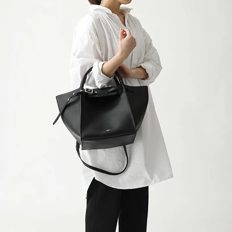 CELINE Calfskin Tote Bag Shopping Bag Portable Crossbody Bag Shoulder Bag Small Size Women's Black-6