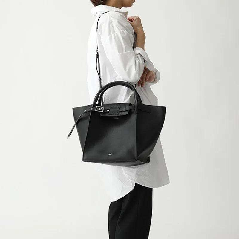 CELINE Calfskin Tote Bag Shopping Bag Portable Crossbody Bag Shoulder Bag Small Size Women's Black-5