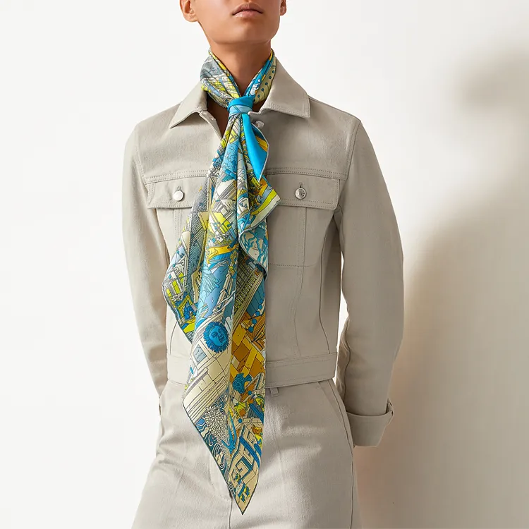 HERMES Silk Scarves Women's Blue/Yellow/Gold-1