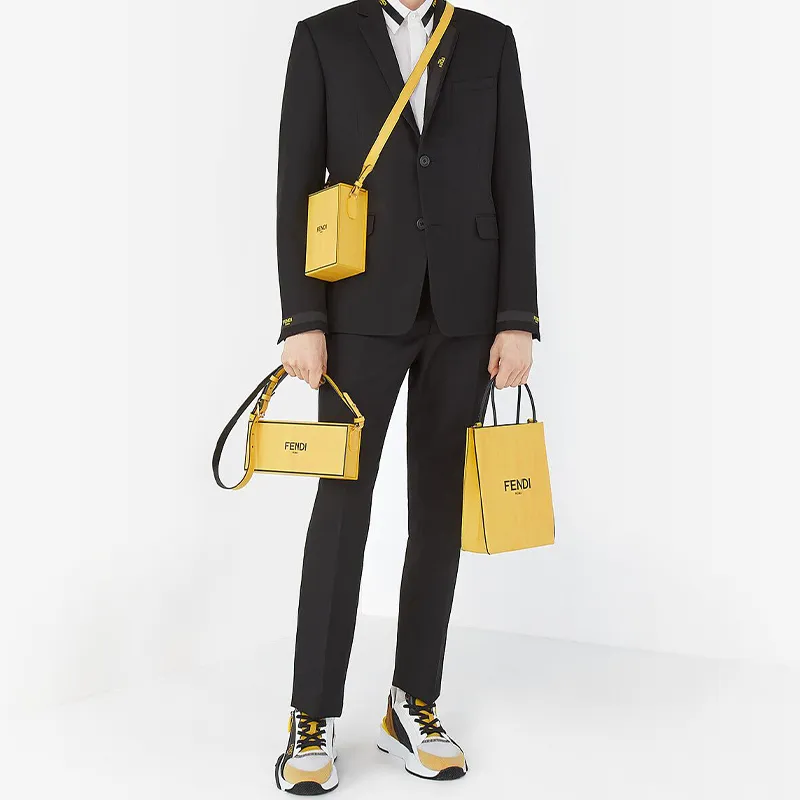 FENDI Calfskin Tote Bag Shopping Bag Shoulder Bag Handbag Small Size Men's Yellow-4