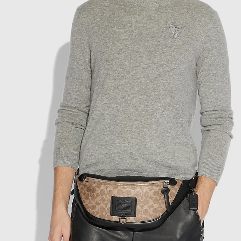 COACH Rivington Canvas With Leather One Shoulder Crossbody Fanny Pack Large Size Men's Khaki Brown & Black-5