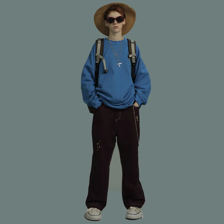 UNVESNO Crew Neck Loose Fit Regular Sweatshirt Unisex Blue-3