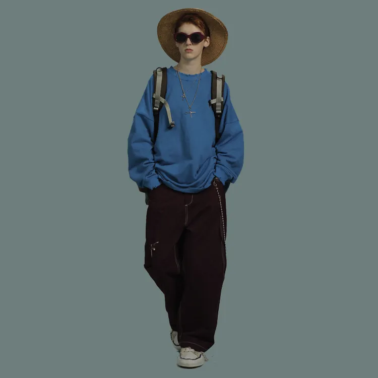 UNVESNO Crew Neck Loose Fit Regular Sweatshirt Unisex Blue-4