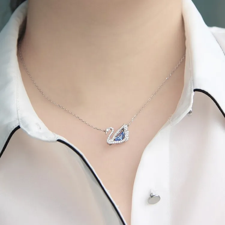 Swarovski Rhodium Plated Swan Necklaces Women's Blue-3
