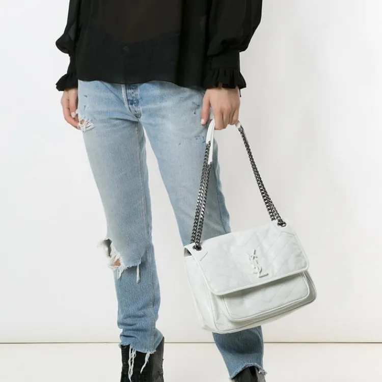 SAINT LAURENT Leather Hobo Bag, Crossbody Bag, Shoulder Bag Women's Vintage White-5