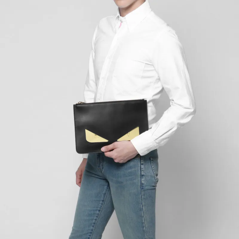 FENDI Leather Clutch Men's Black/Gold-3