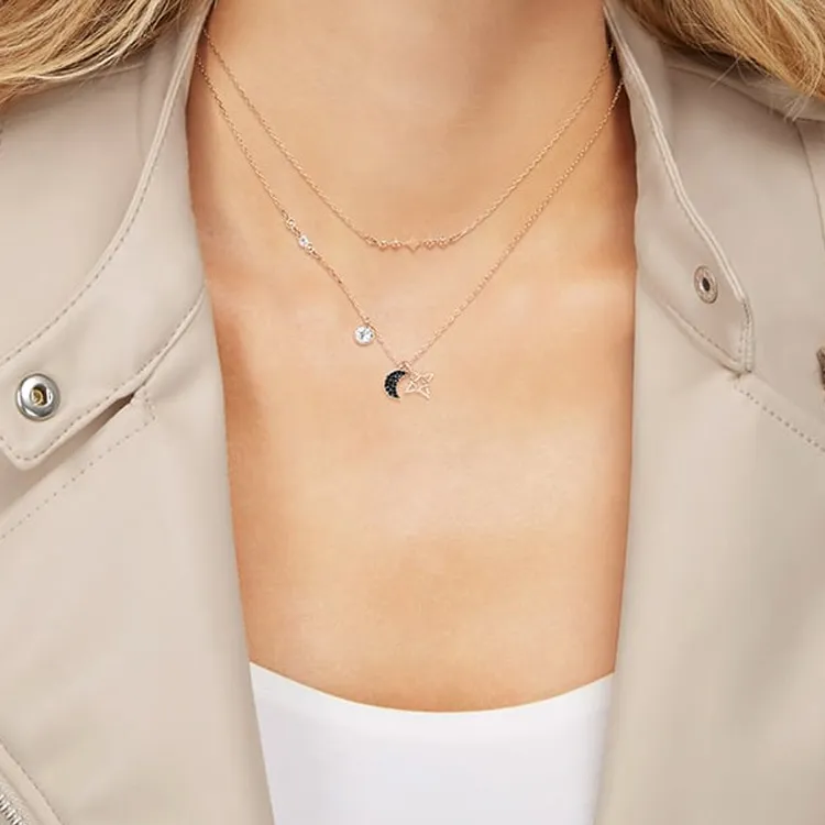 Swarovski Faux Crystal Double Layer Necklace Women's Black-4