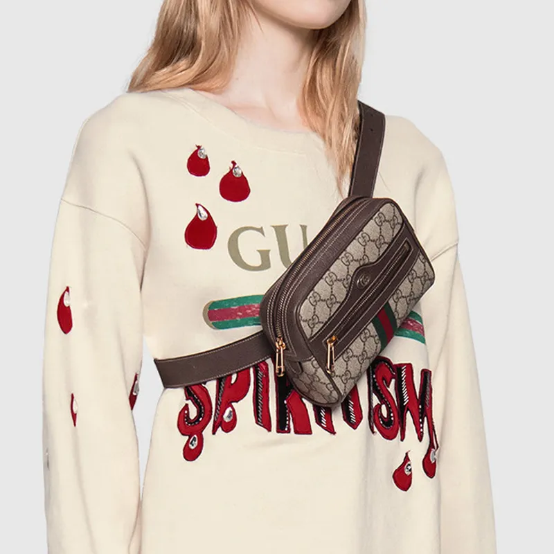 GUCCI Ophidia Canvas With Leather One Shoulder Crossbody Bag Sling Bag Fanny Pack Small Size Unisex Ebony/Brown-5
