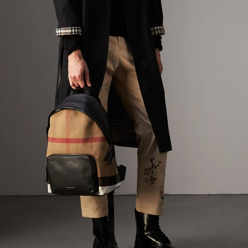 Burberry Canvas With Leather Backpack Regular Unisex Black & Yellow Brown-5