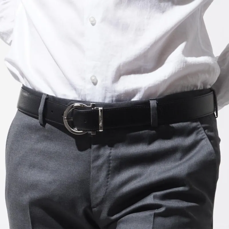 FERRAGAMO Cow Leather Belt Men's Black Dark Brown Width  3.5cm-4